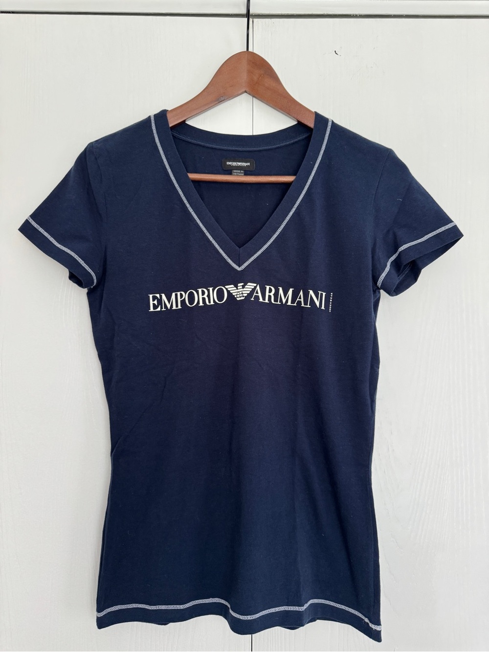 2000's Vibe Style Emporio Armani Navy V‑Neck Logo Tee with Contrast Stitching